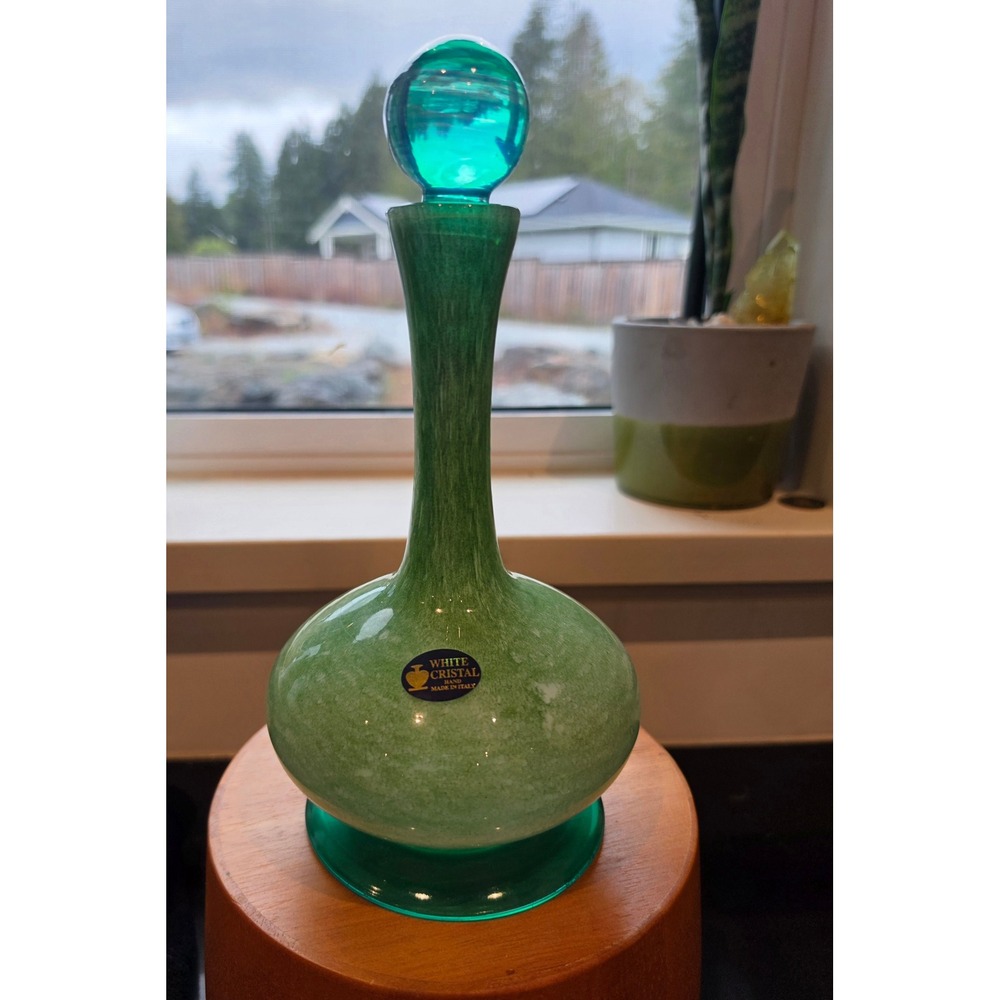 Vintage White Cristal Italy Green Art Glass Decanter Turquoise Ball Stopper